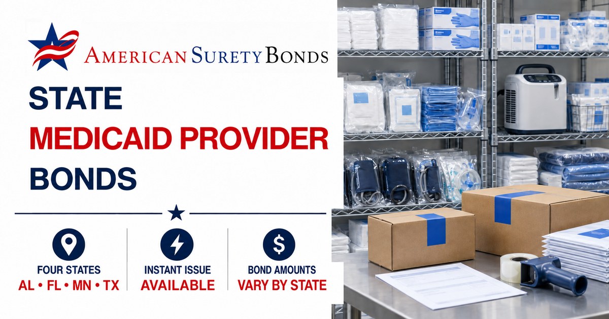 State Medicaid Provider Bond feature image showing medical supply shelves and shipment boxes, with information for Alabama, Florida, Minnesota, and Texas.