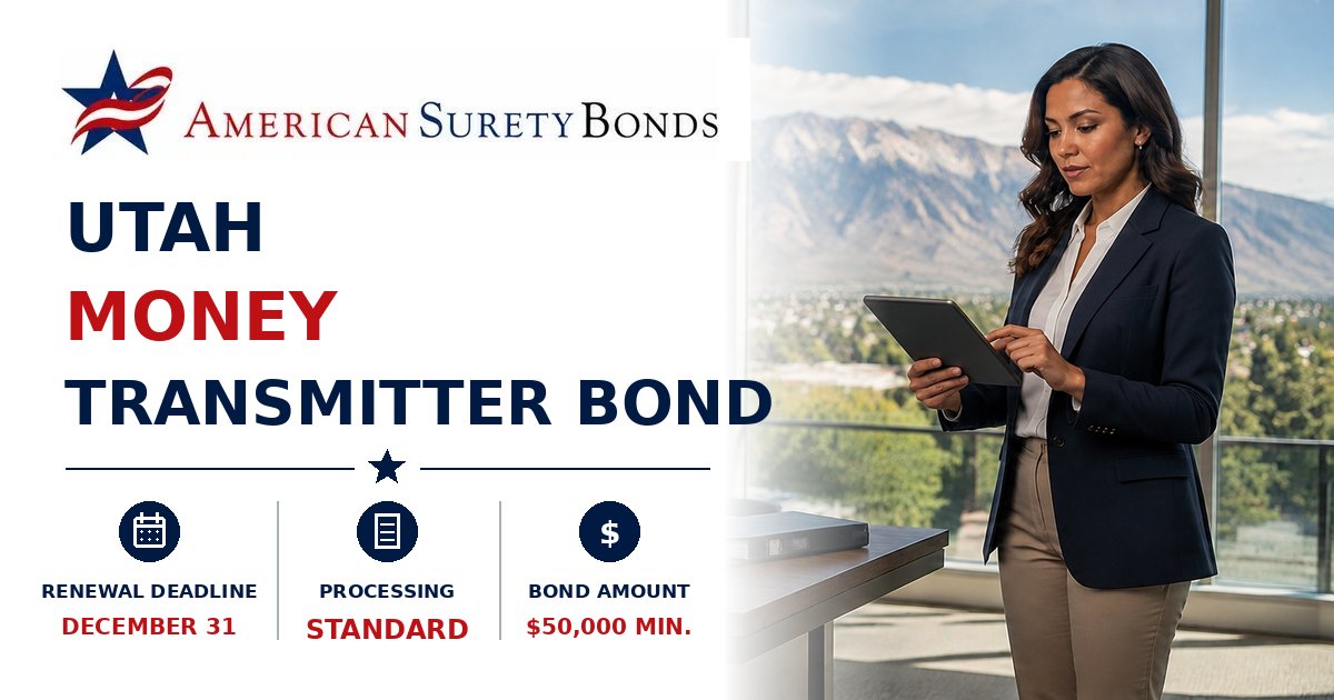 Utah Money Transmitter Bond graphic showing digital money transfer imagery with bond requirement highlights