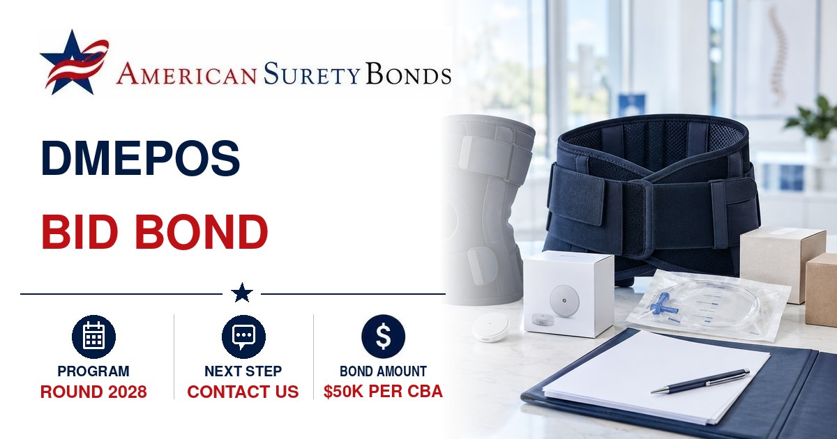 DMEPOS Bid Bond feature image showing medical braces and supplies for CMS Round 2028 competitive bidding, with a $50,000 bond amount per bidding area.