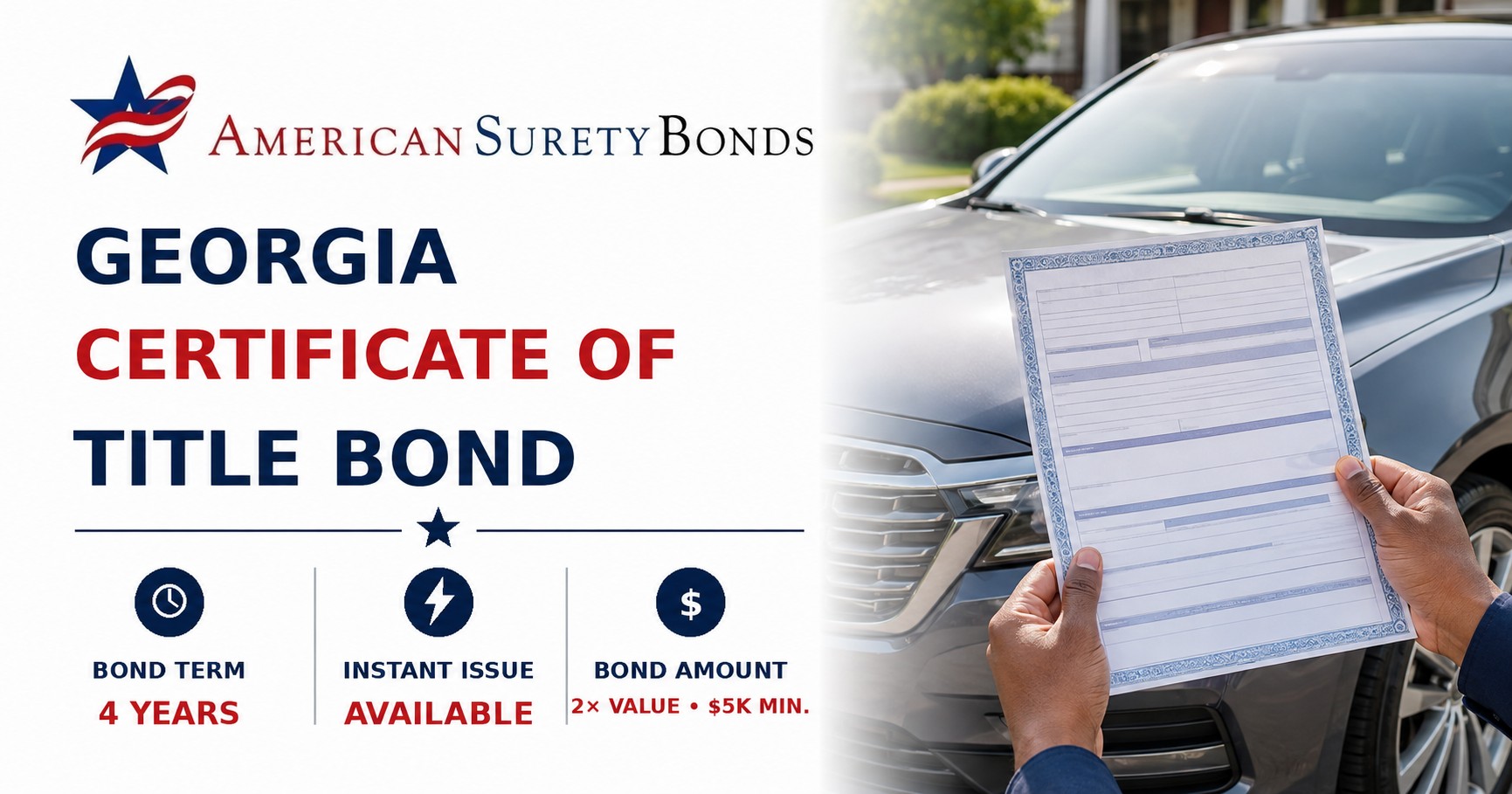 Georgia Certificate of Title Bond graphic showing vehicle title paperwork with bond requirement highlights