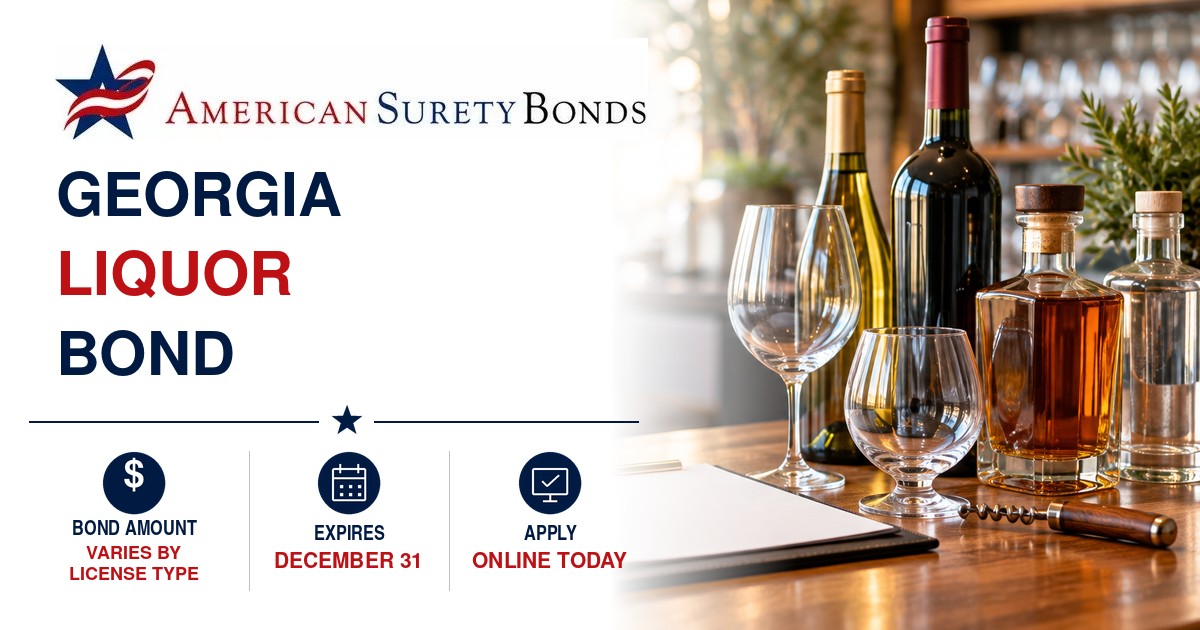 Georgia Liquor Bond with bond amount varying by license type, a December 31 expiration date, and online application availability.