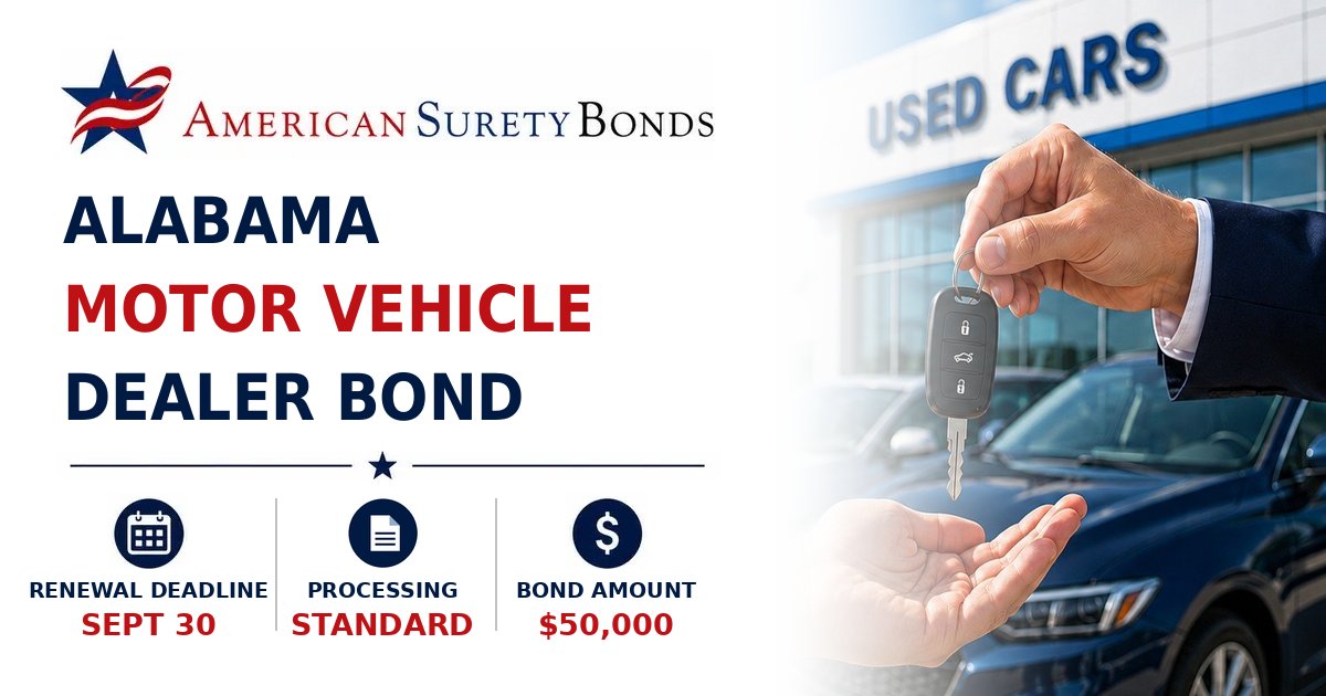 Alabama Motor Vehicle Dealer Bond graphic showing a vehicle dealership lot with bond requirement highlights