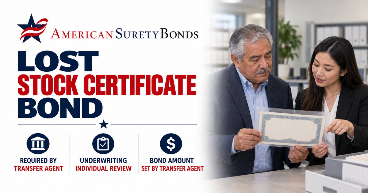 Lost Stock Certificate Bond from American Surety Bonds Agency with individual underwriting and the bond amount set by the transfer agent.