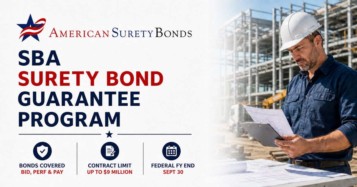 SBA Surety Bond Guarantee Program graphic showing a small business owner reviewing a federal contract with bond requirement highlights