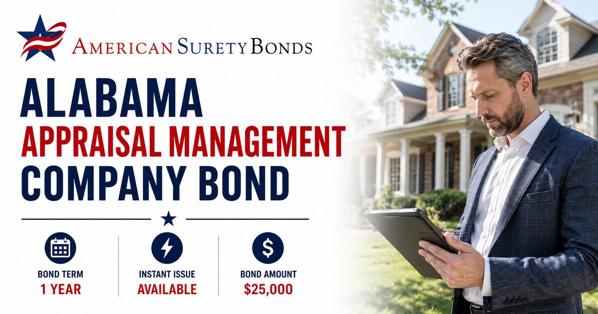Alabama Appraisal Management Company Bond graphic showing a real estate appraisal document review with bond requirement highlights
