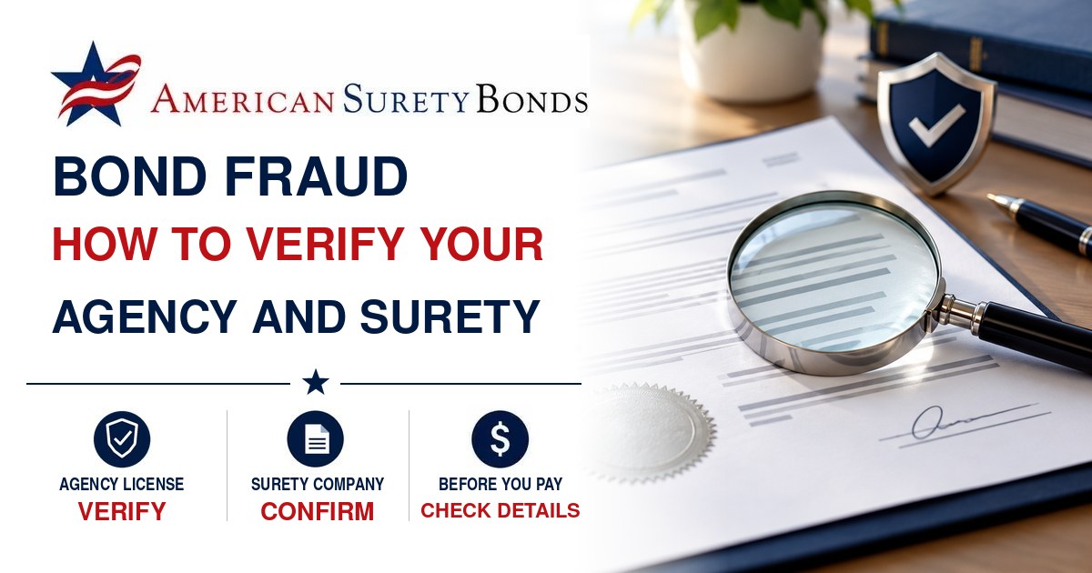 Bond fraud verification guide showing a bond document, magnifying glass, security seal, and reminders to verify the agency and surety.