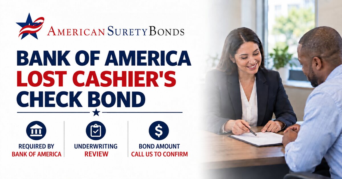 Lost Your Bank of America Cashier's Check or Money Order feature image with American Surety Bonds Agency branding, bond requirement highlights, and a bank branch or checkbook photo