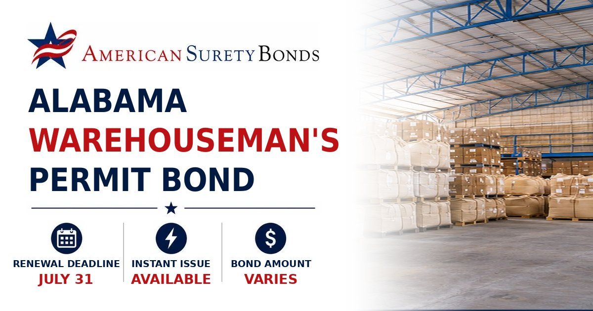 Alabama Warehouseman's Permit Bond graphic showing a commercial warehouse with bond requirement highlights