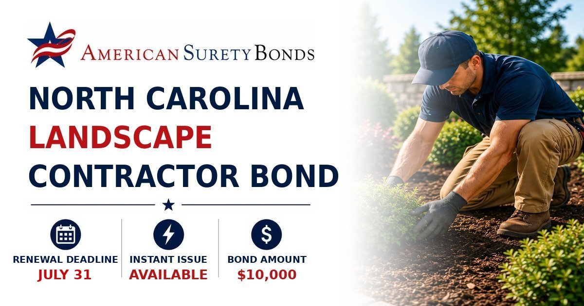 North Carolina Landscape Contractor Bond graphic showing a landscaping crew at work with bond requirement highlights
