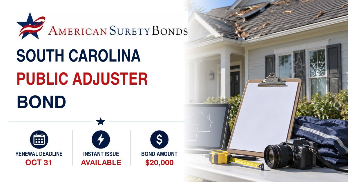 South Carolina Public Adjuster Bond with property damage assessment tools and $20,000 bond amount information.