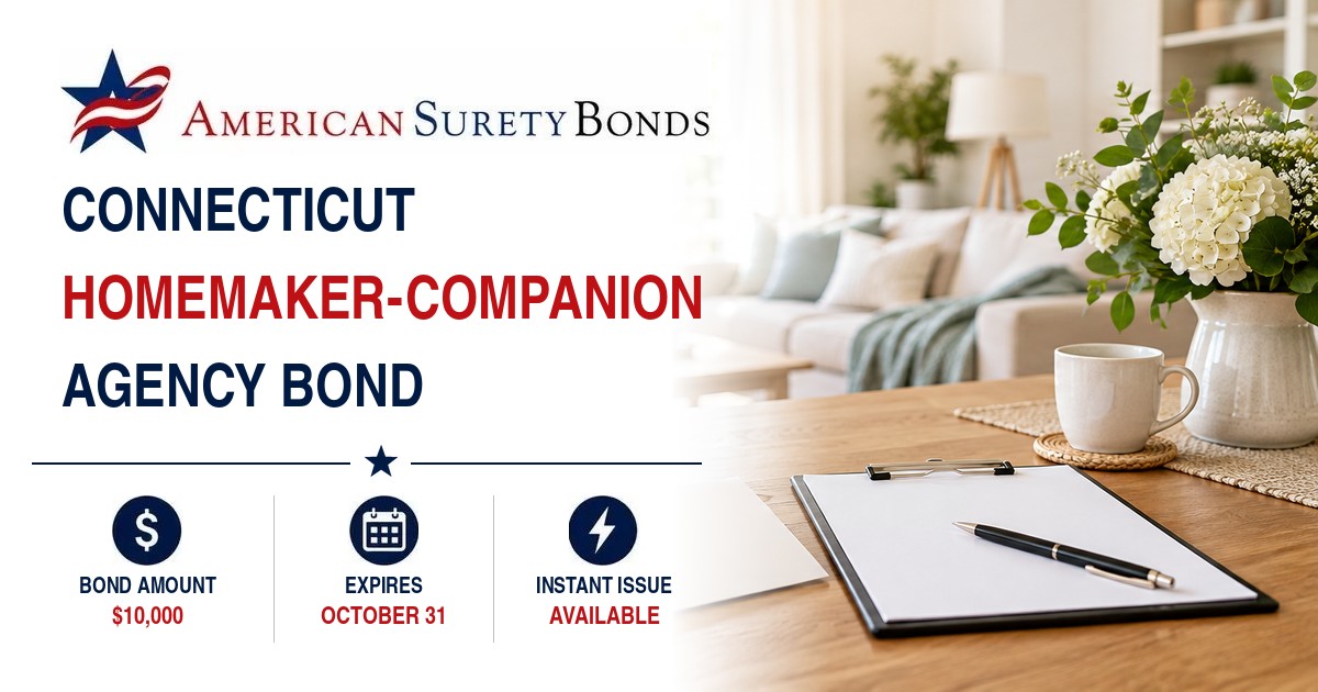 Connecticut Homemaker-Companion Agency Bond with a $10,000 bond amount, October 31 expiration, and Instant Issue availability.