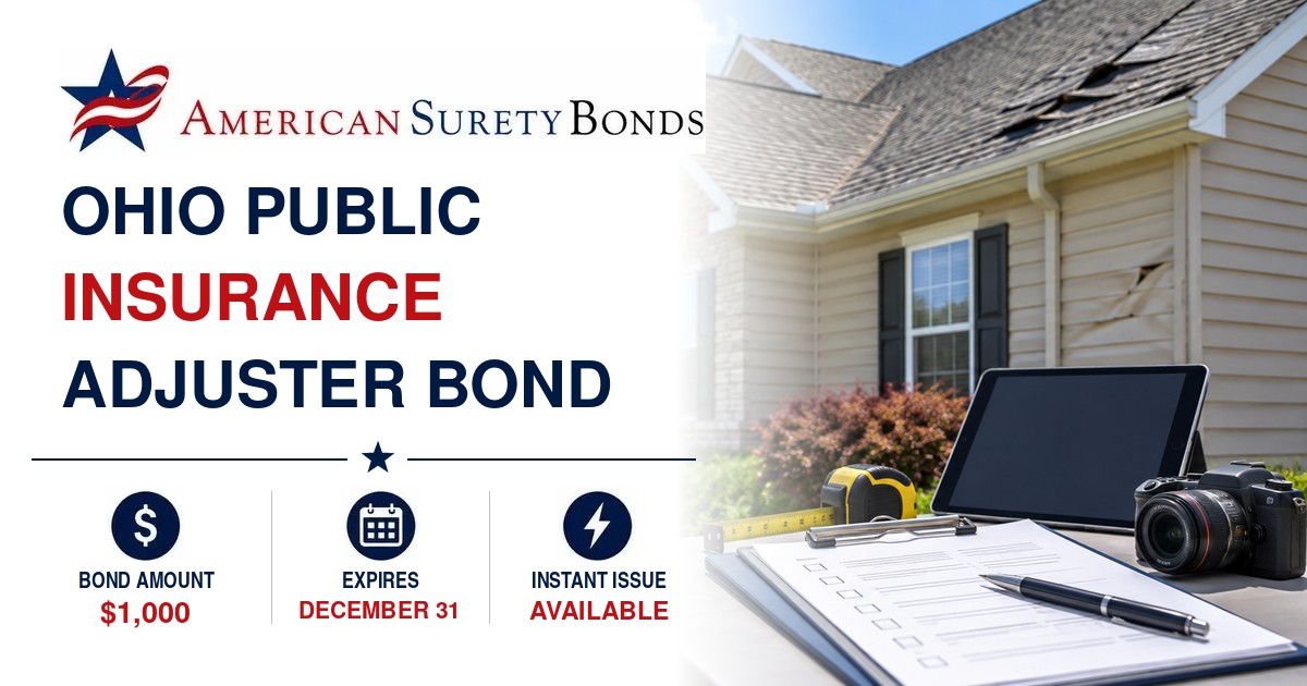 Ohio Public Insurance Adjuster Bond with a $1,000 bond amount, December 31 expiration date, and Instant Issue availability.