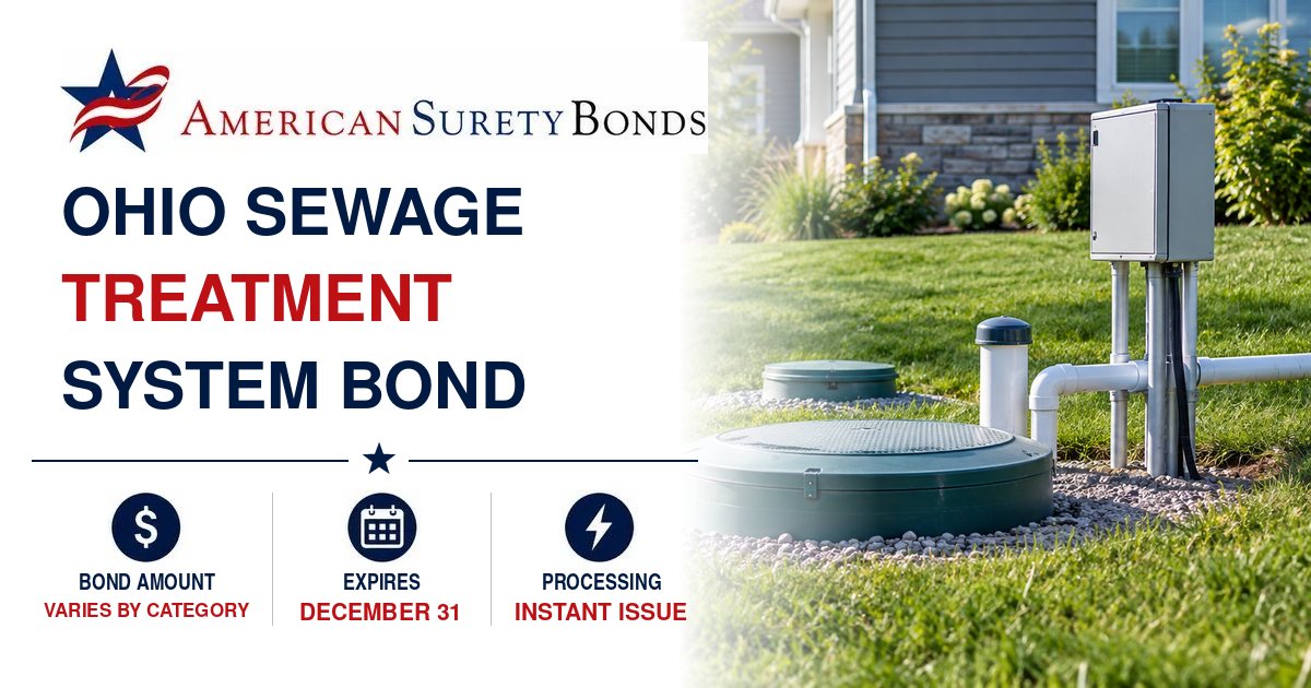 Ohio Sewage Treatment System Bond with bond amounts that vary by category, a December 31 expiration date, and Instant Issue processing.